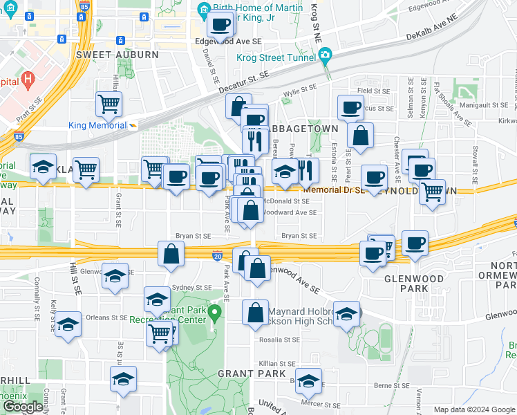 map of restaurants, bars, coffee shops, grocery stores, and more near 610 Woodward Avenue Southeast in Atlanta