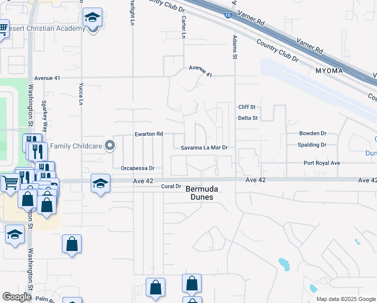 map of restaurants, bars, coffee shops, grocery stores, and more near 78783 Savanna La Mar Drive in Bermuda Dunes