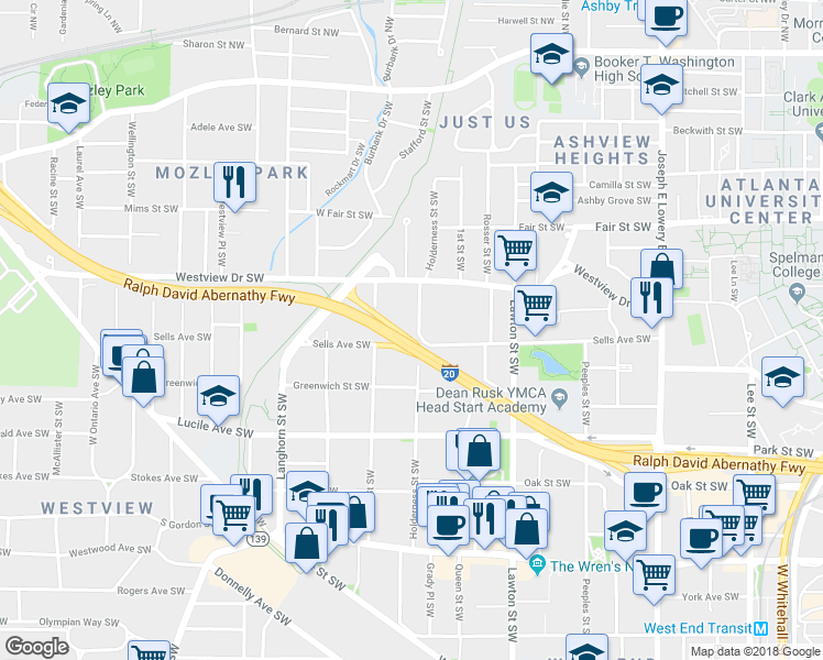 map of restaurants, bars, coffee shops, grocery stores, and more near 343 Holderness Street Southwest in Atlanta