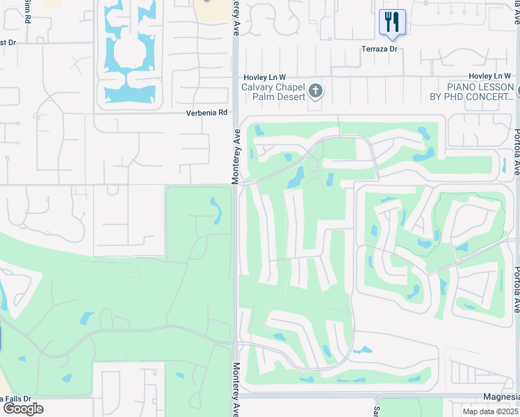 map of restaurants, bars, coffee shops, grocery stores, and more near 225 Serena Drive in Palm Desert