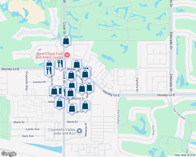 map of restaurants, bars, coffee shops, grocery stores, and more near 41760 Largo in Palm Desert
