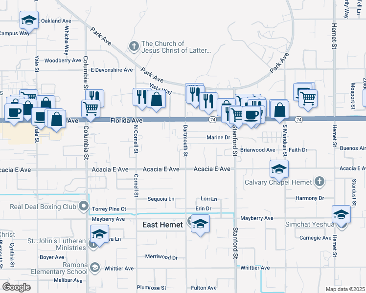 map of restaurants, bars, coffee shops, grocery stores, and more near 25879 Baylor Way in Hemet