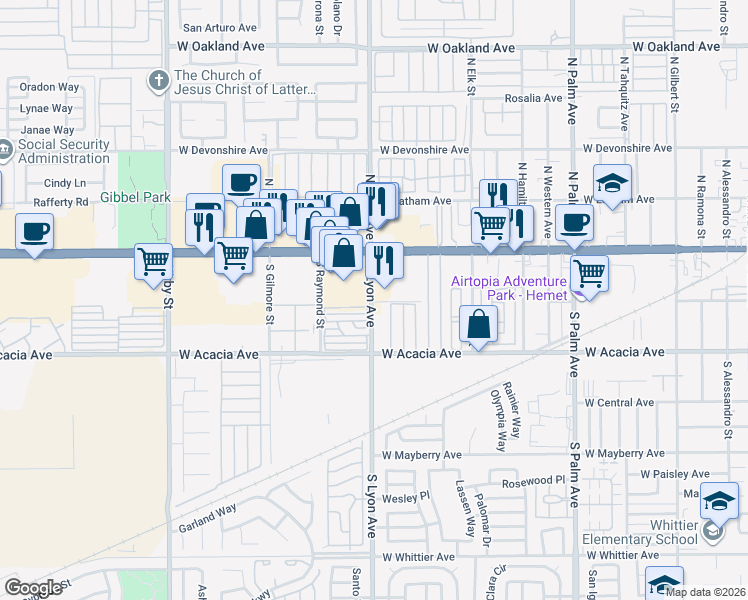 map of restaurants, bars, coffee shops, grocery stores, and more near 250 South Lyon Avenue in Hemet
