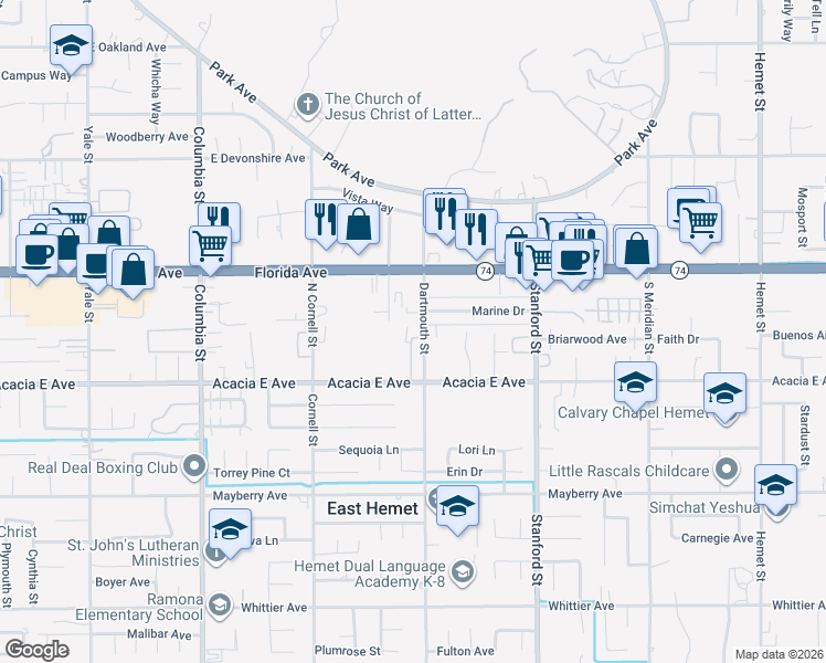 map of restaurants, bars, coffee shops, grocery stores, and more near 25912 Baylor Way in Hemet