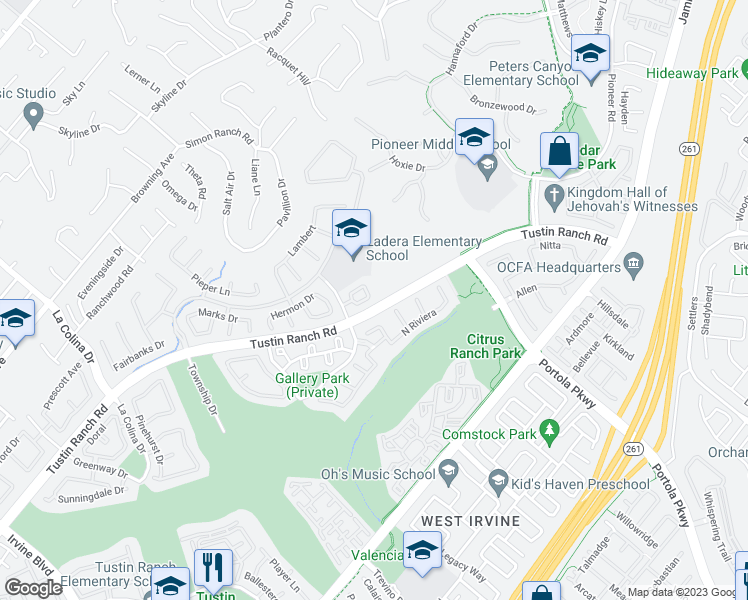 map of restaurants, bars, coffee shops, grocery stores, and more near 2569 Tea Leaf Lane in Tustin