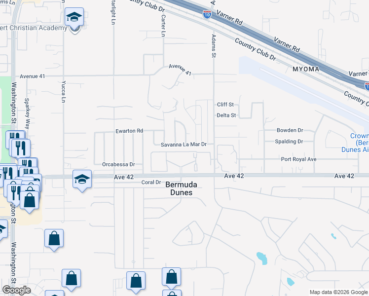 map of restaurants, bars, coffee shops, grocery stores, and more near 78887 Savanna La Mar Drive in Indio