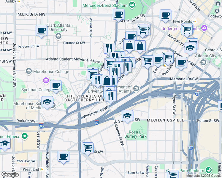 map of restaurants, bars, coffee shops, grocery stores, and more near Peters Street Southwest in Atlanta