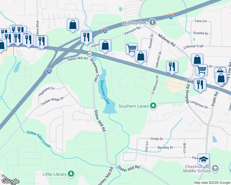 map of restaurants, bars, coffee shops, grocery stores, and more near 2226 Pine Drive in Douglasville