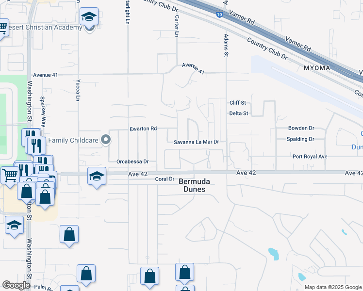 map of restaurants, bars, coffee shops, grocery stores, and more near 78783 Savanna La Mar Drive in Bermuda Dunes