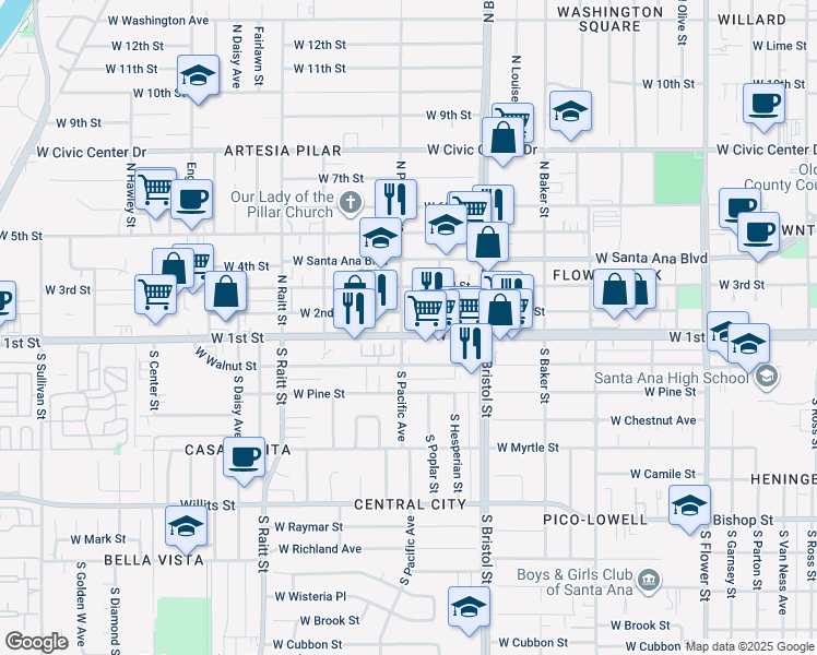 map of restaurants, bars, coffee shops, grocery stores, and more near 1435 West 1st Street in Santa Ana