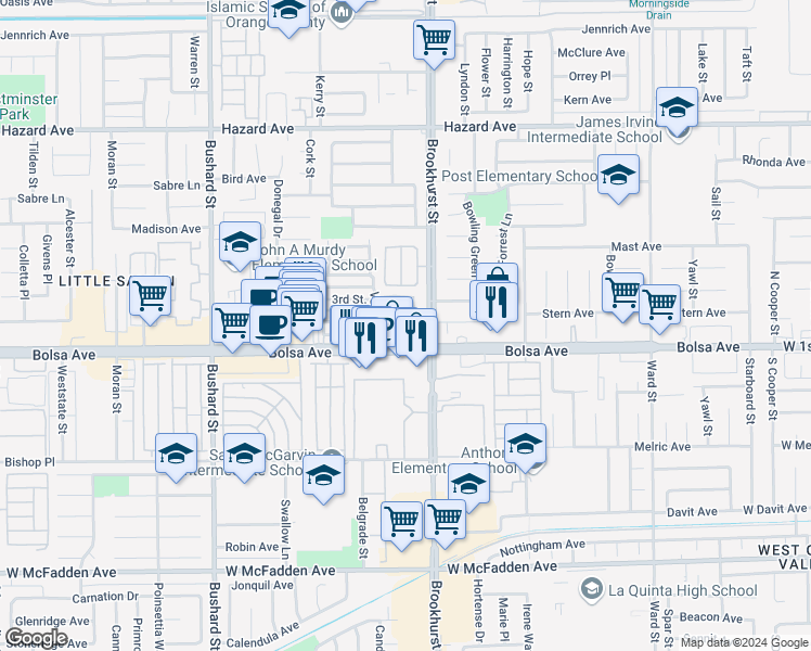 map of restaurants, bars, coffee shops, grocery stores, and more near 9941 Wentworth Drive in Westminster