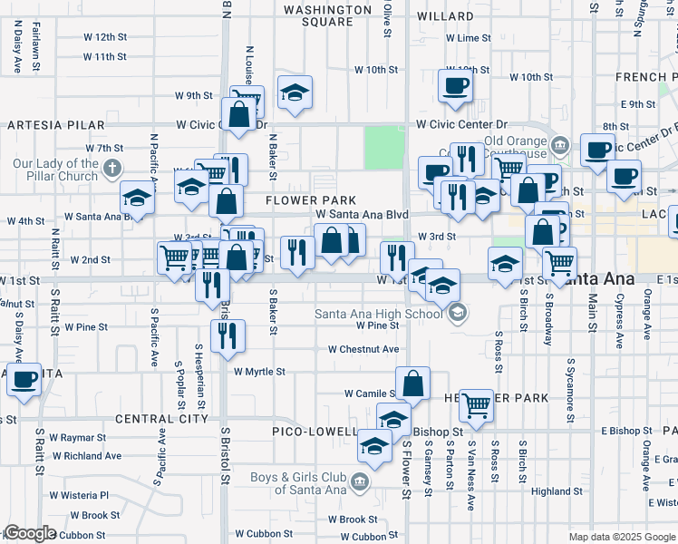 map of restaurants, bars, coffee shops, grocery stores, and more near 1028 West 2nd Street in Santa Ana