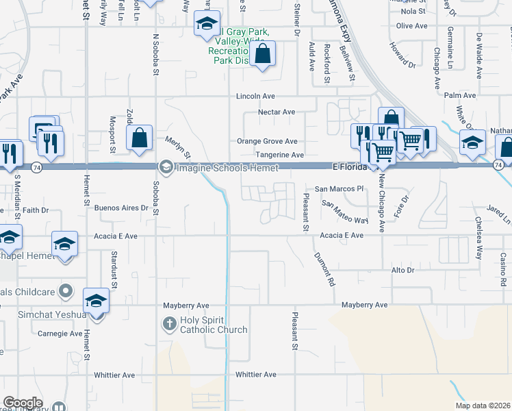 map of restaurants, bars, coffee shops, grocery stores, and more near 42751 East Florida Avenue in Hemet