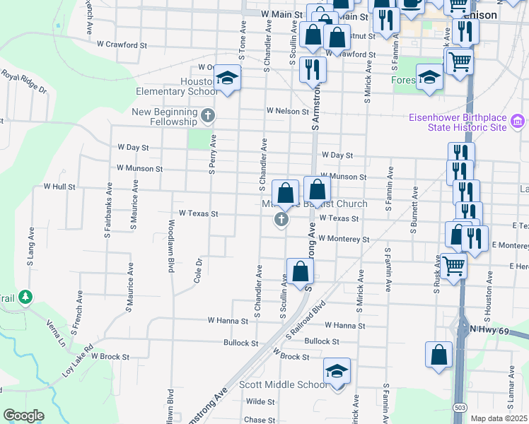 map of restaurants, bars, coffee shops, grocery stores, and more near 906 West Texas Street in Denison