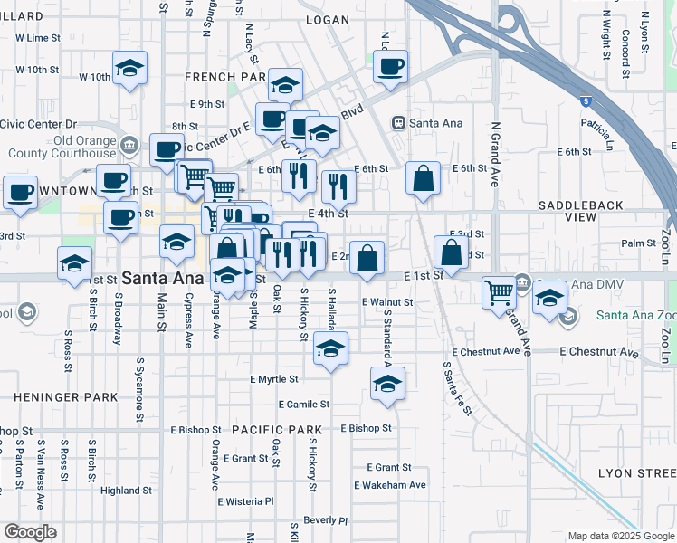 map of restaurants, bars, coffee shops, grocery stores, and more near 827 East First Street in Santa Ana