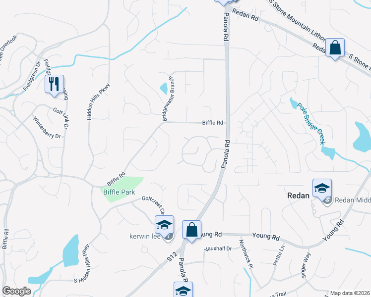 map of restaurants, bars, coffee shops, grocery stores, and more near 5339 Biffle Downs Road in Stone Mountain