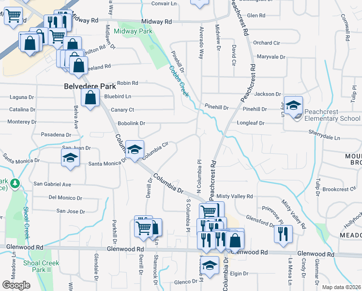 map of restaurants, bars, coffee shops, grocery stores, and more near 1603 Columbia Circle in Decatur