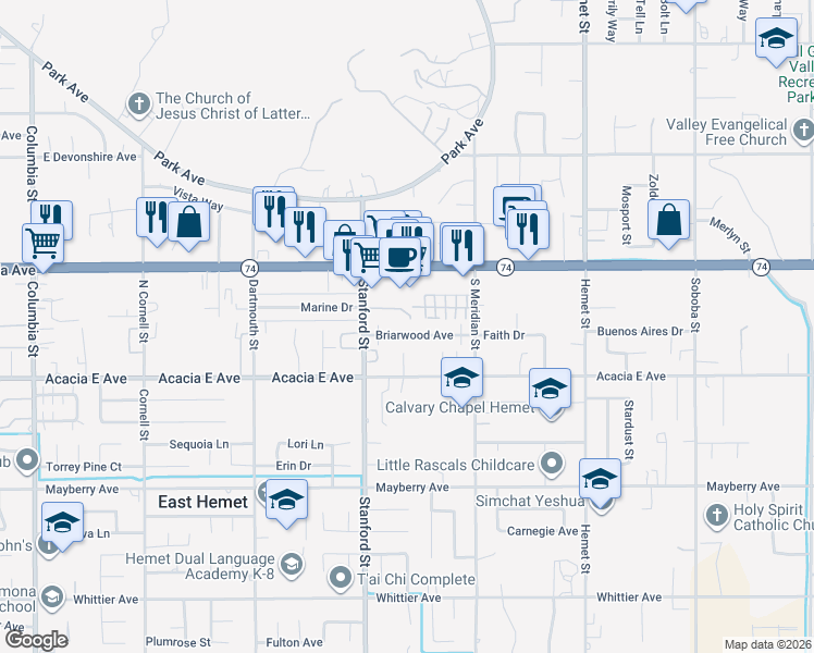 map of restaurants, bars, coffee shops, grocery stores, and more near 41844 Briarwood Avenue in Hemet