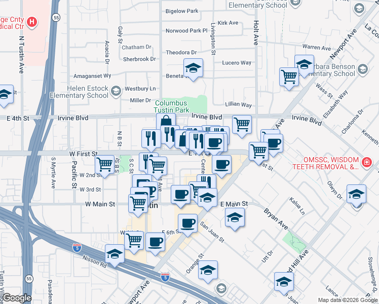 map of restaurants, bars, coffee shops, grocery stores, and more near 465 East 1st Street in Tustin