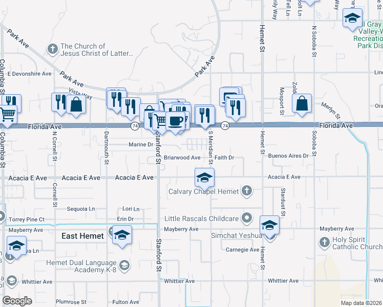 map of restaurants, bars, coffee shops, grocery stores, and more near 41906 Briarwood Avenue in Hemet