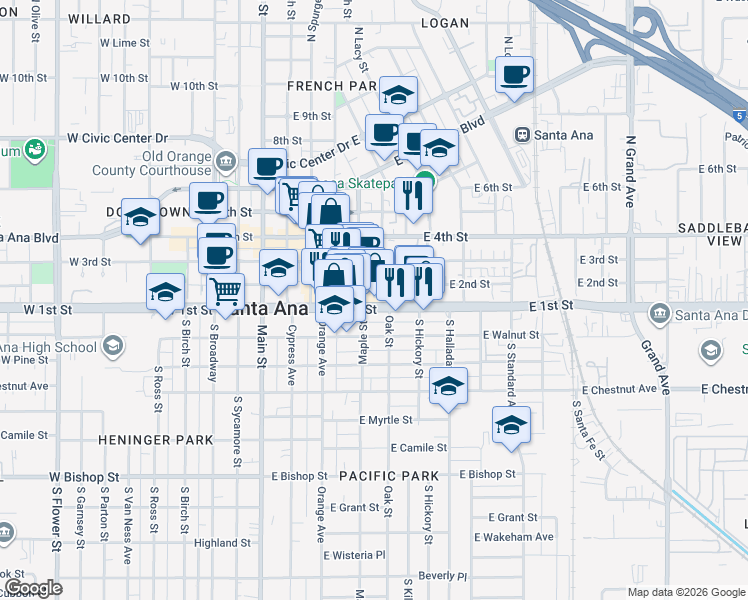 map of restaurants, bars, coffee shops, grocery stores, and more near 511 East 1st Street in Santa Ana