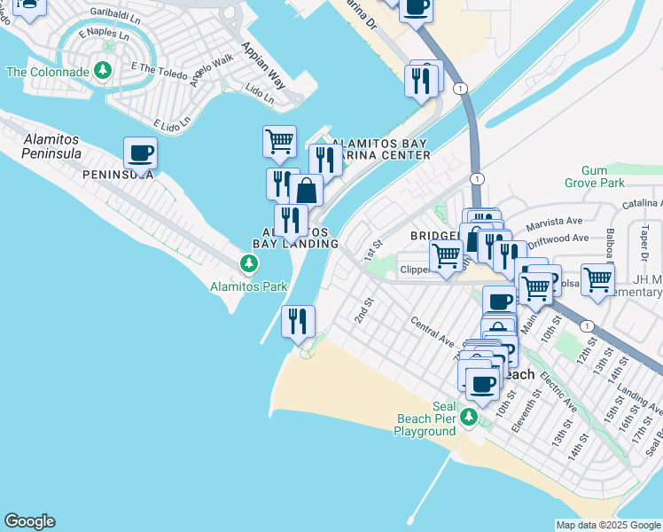 map of restaurants, bars, coffee shops, grocery stores, and more near 205 Ocean Place in Seal Beach