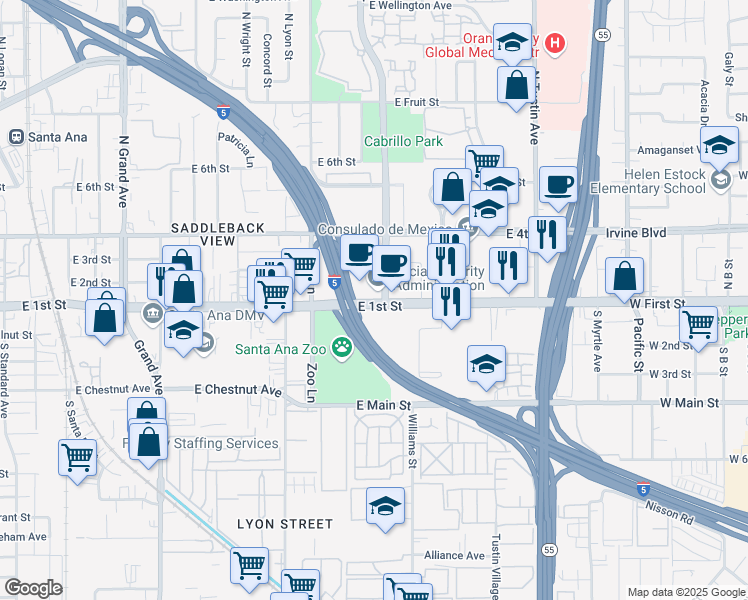 map of restaurants, bars, coffee shops, grocery stores, and more near 1851 East First Street in Santa Ana