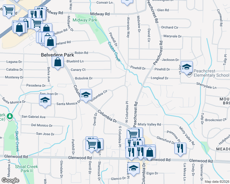map of restaurants, bars, coffee shops, grocery stores, and more near 1603 Columbia Circle in Decatur