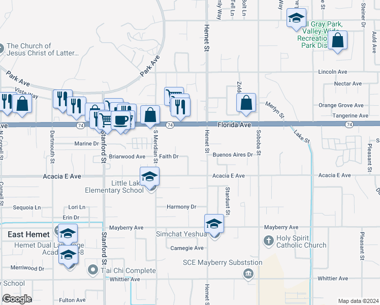 map of restaurants, bars, coffee shops, grocery stores, and more near 42176 Faith Drive in Hemet