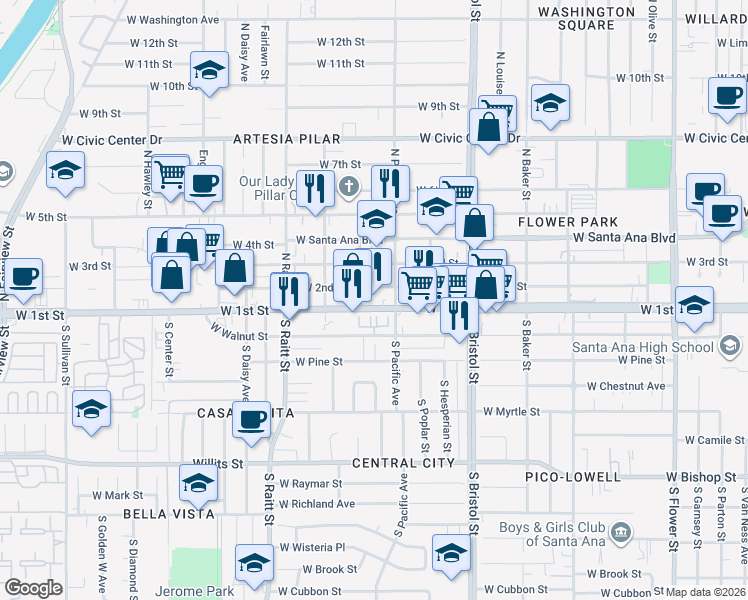 map of restaurants, bars, coffee shops, grocery stores, and more near 1525 West 1st Street in Santa Ana