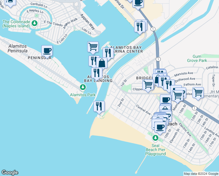 map of restaurants, bars, coffee shops, grocery stores, and more near 205 Ocean Place in Seal Beach