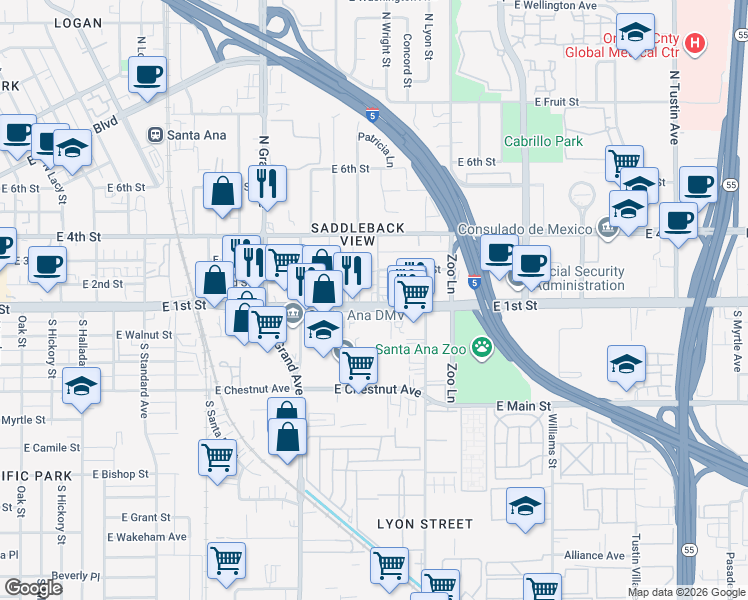 map of restaurants, bars, coffee shops, grocery stores, and more near 1540 East First Street in Santa Ana