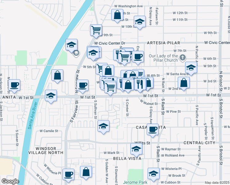 map of restaurants, bars, coffee shops, grocery stores, and more near 2315 West 1st Street in Santa Ana