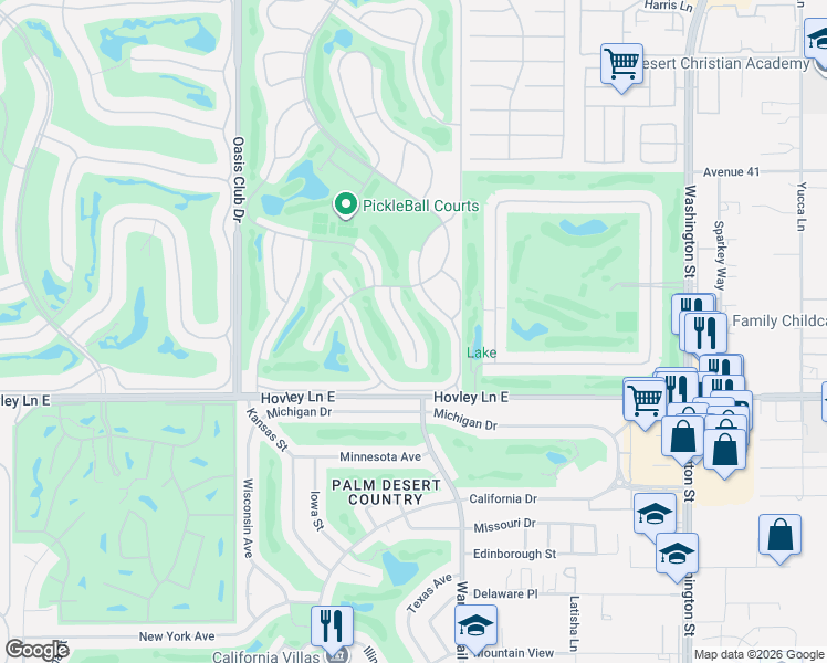 map of restaurants, bars, coffee shops, grocery stores, and more near 41806 Jupiter Hills Court in Palm Desert