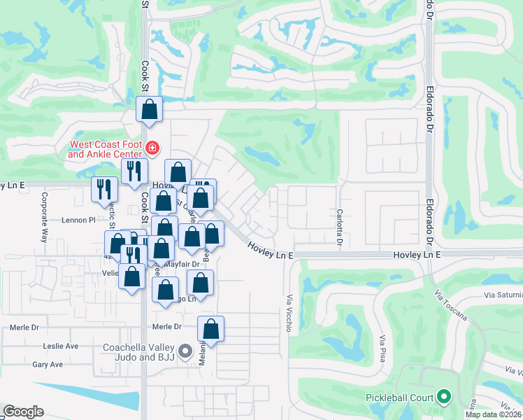 map of restaurants, bars, coffee shops, grocery stores, and more near 322 Tava Lane in Palm Desert