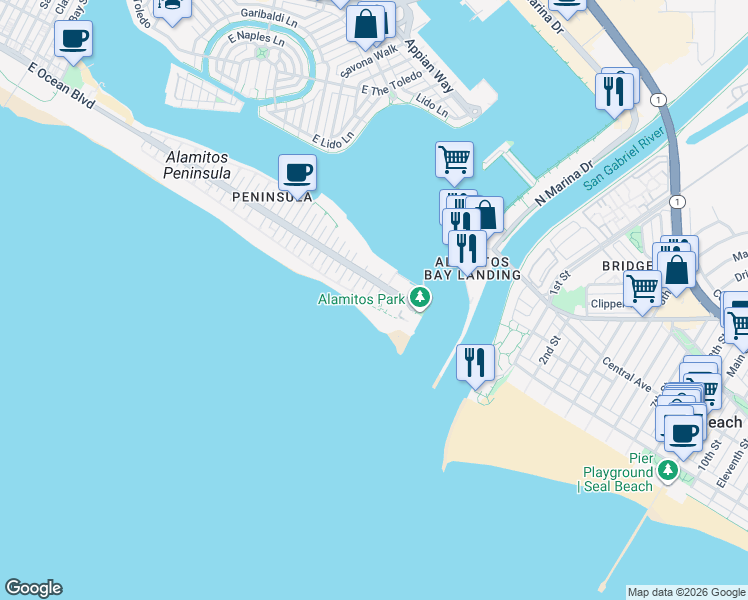 map of restaurants, bars, coffee shops, grocery stores, and more near 6915 East Seaside Walk in Long Beach