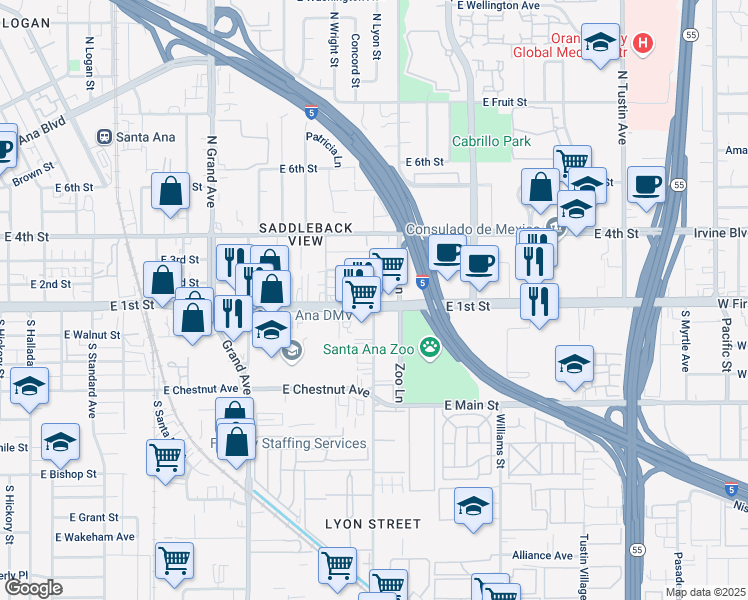 map of restaurants, bars, coffee shops, grocery stores, and more near 1660 East First Street in Santa Ana