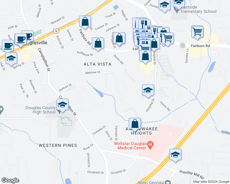 map of restaurants, bars, coffee shops, grocery stores, and more near 6248 Melrose Street in Douglasville