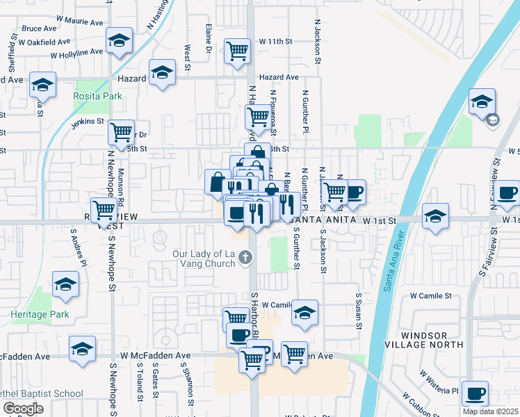 map of restaurants, bars, coffee shops, grocery stores, and more near in Santa Ana