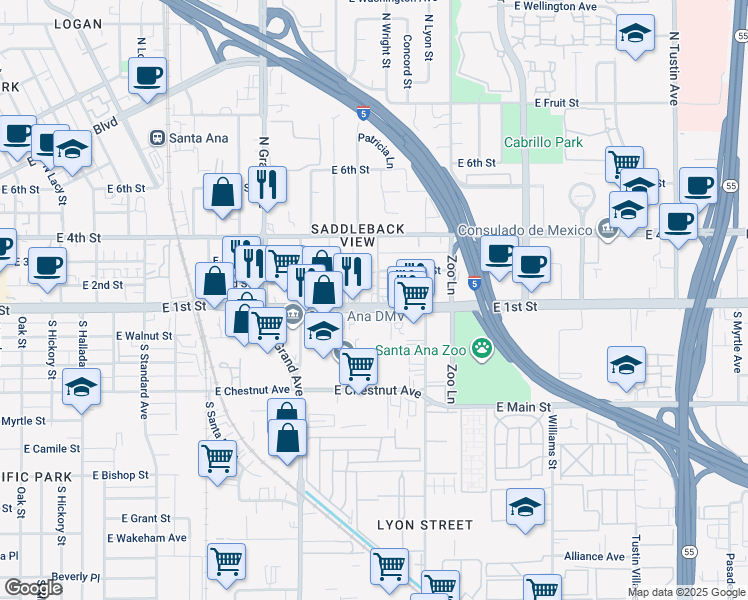map of restaurants, bars, coffee shops, grocery stores, and more near 1535 East 1st Street in Santa Ana