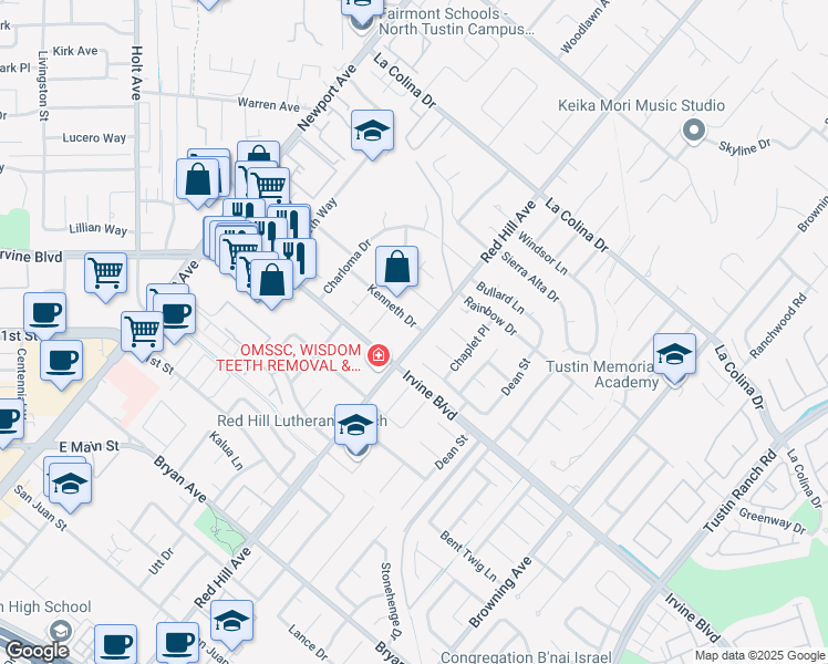 map of restaurants, bars, coffee shops, grocery stores, and more near 1470 Kenneth Drive in Tustin