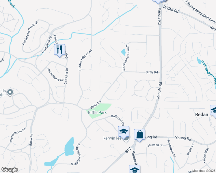 map of restaurants, bars, coffee shops, grocery stores, and more near 5273 Biffle Road in Stone Mountain