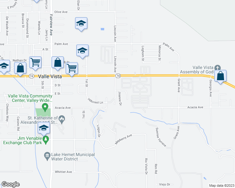 map of restaurants, bars, coffee shops, grocery stores, and more near 25893 Joanne Drive in Hemet