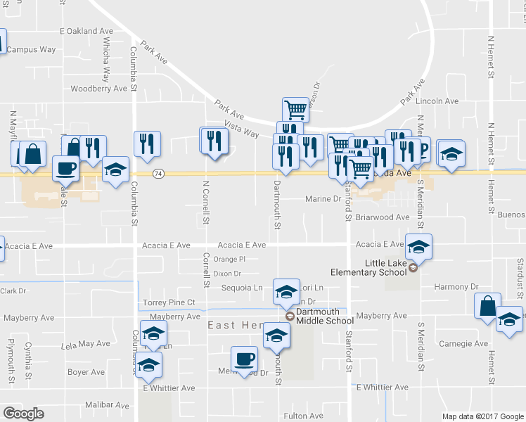 map of restaurants, bars, coffee shops, grocery stores, and more near 25899 Baylor Way in Hemet