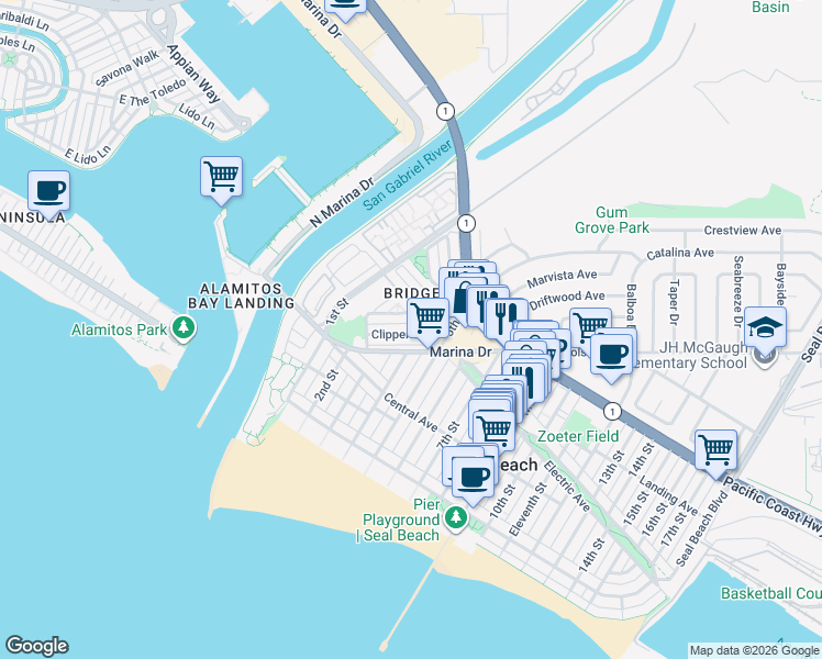 map of restaurants, bars, coffee shops, grocery stores, and more near 365 Clipper Way in Seal Beach