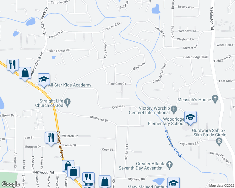 map of restaurants, bars, coffee shops, grocery stores, and more near 4383 Glen Raven Court in Decatur