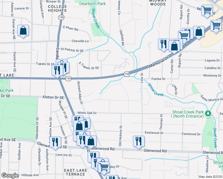 map of restaurants, bars, coffee shops, grocery stores, and more near 2563 Dusty Lane in Decatur