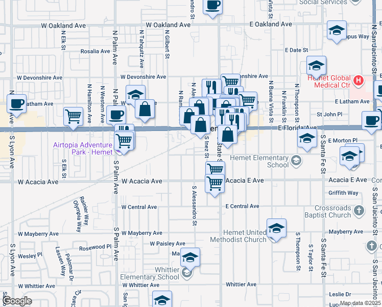 map of restaurants, bars, coffee shops, grocery stores, and more near 321 West Kimball Avenue in Hemet