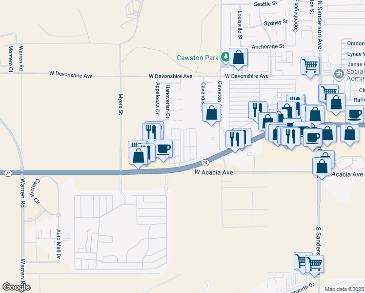 map of restaurants, bars, coffee shops, grocery stores, and more near 4400 West Florida Avenue in Hemet