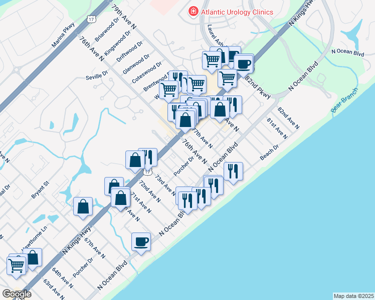 map of restaurants, bars, coffee shops, grocery stores, and more near 15 Shaddowood Court in Myrtle Beach
